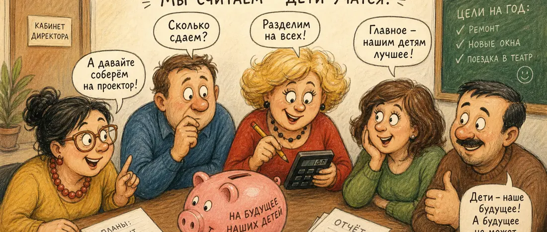 Шуточная иллюстрация родительского комитета, который считает бюджет класса